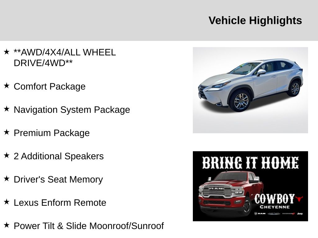 Used 2015 Lexus NX 200t with VIN JTJBARBZ5F2023998 for sale in Cheyenne, WY