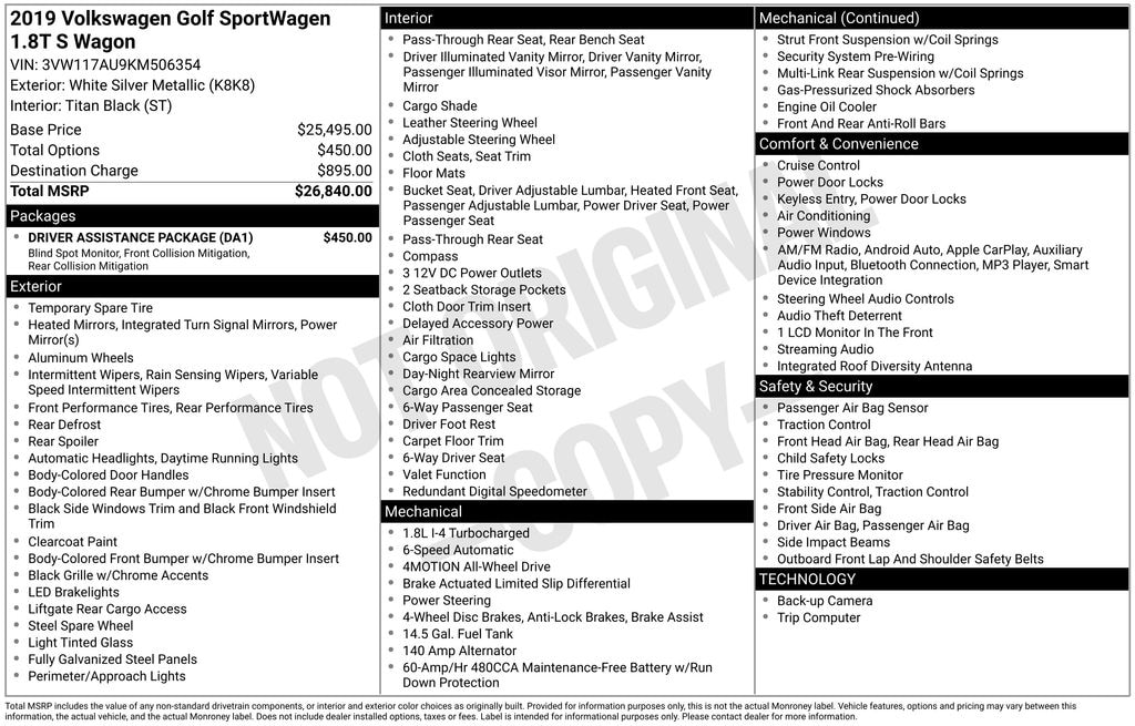 Used 2019 Volkswagen Golf SportWagen 1.8T S 4MOTION Wagon