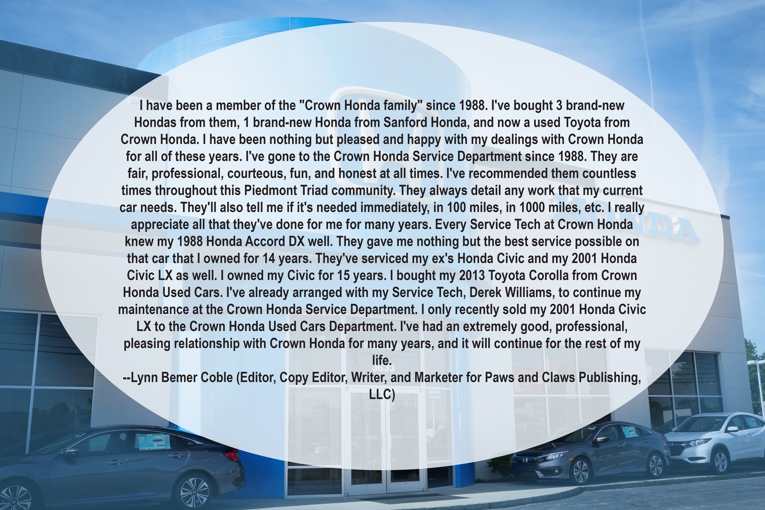 Crown Honda - GSO - positive testimonial - Lynn Coble.jpg