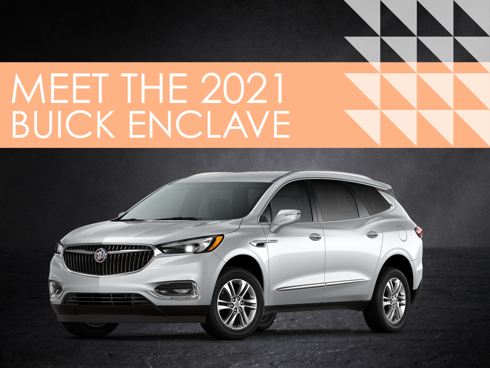 Front 3/4 view of new Buick Enclave SUV in Silver against black background