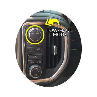 Close up of Tow/Haul mode dial with Yellow Arrow pointing towards it 
