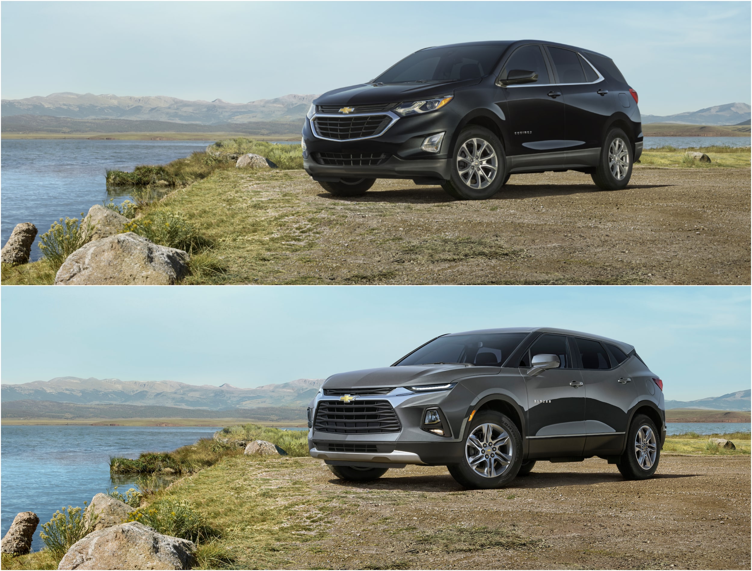 Top photo: Front 3/4 View 2021 Chevy Equinox SUV, Bottom photo: Front 3/4 View 2021 Chevy Blazer SUV