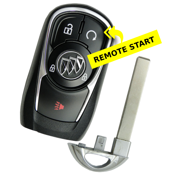 Buick Key Fob with Yellow Label pointing at Remote Start Button