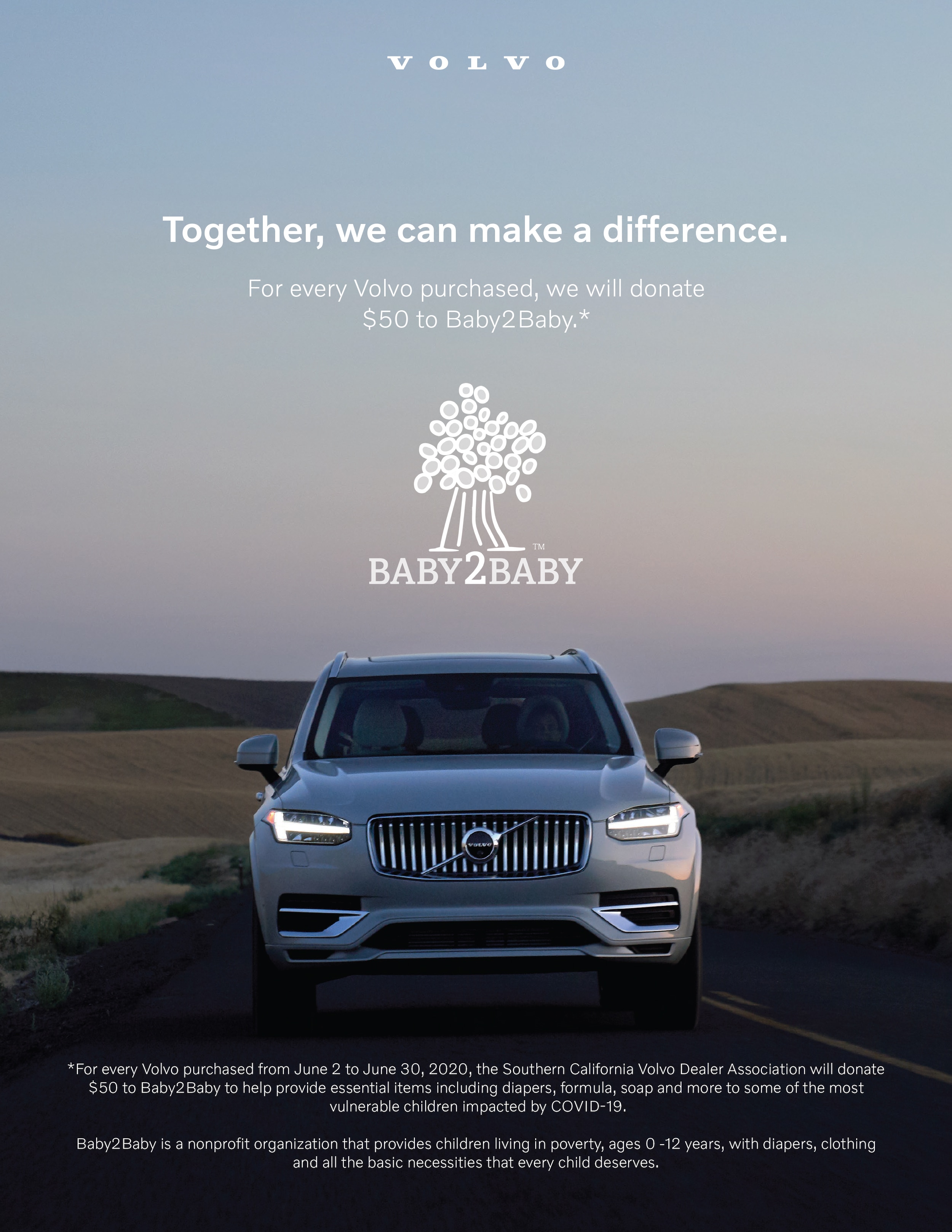Culver City Volvo will give money to Baby2Baby, a charity supporting COVID-19 families, when you buy a new Volvo for a limited time