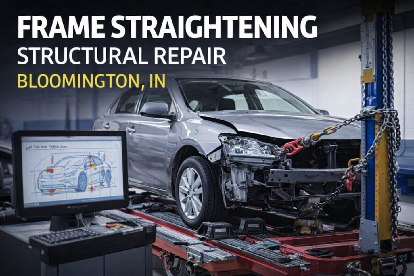  A vehicle receiving a Structural Repair at Curry Collision Center in Bloomington, IN