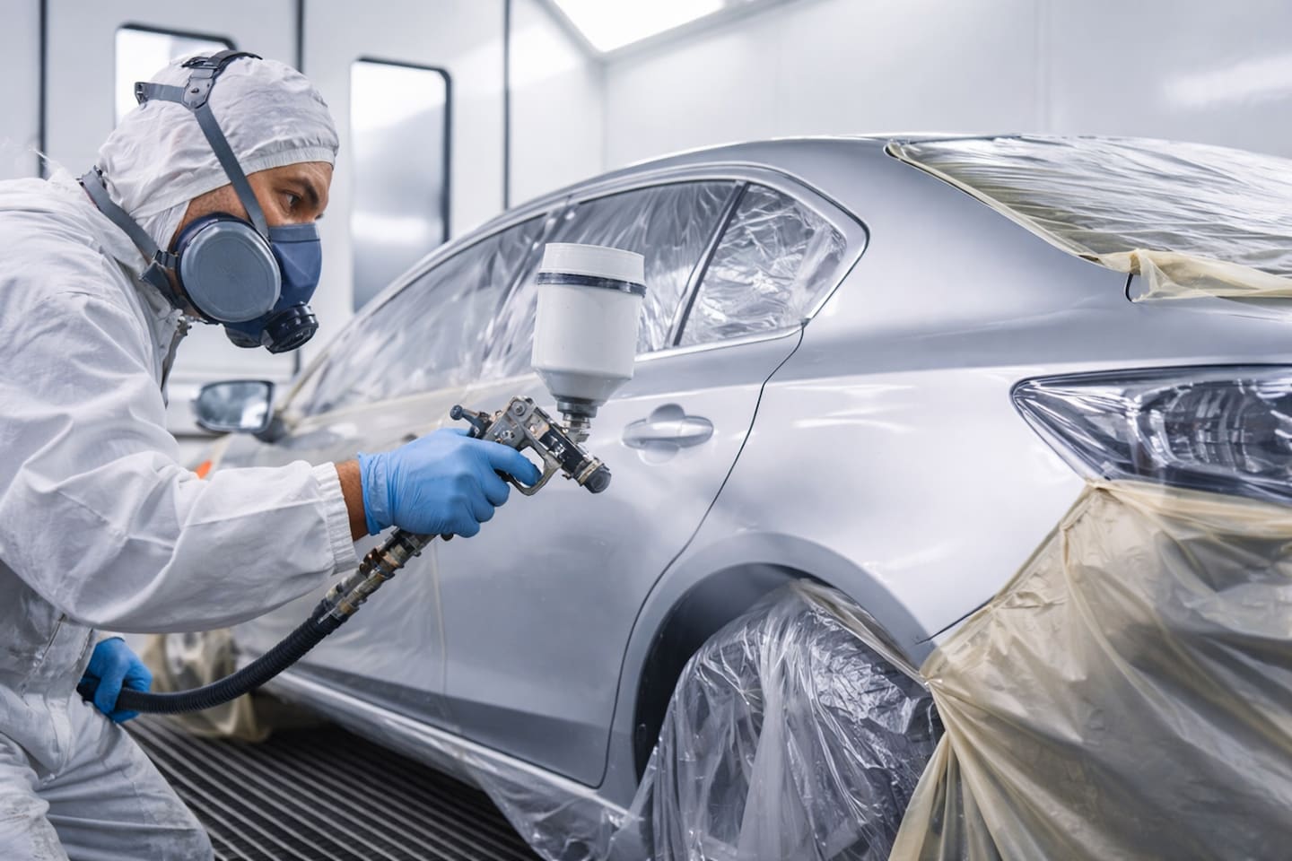  Person painting a car at Curry Collision Center in Bloomington IN