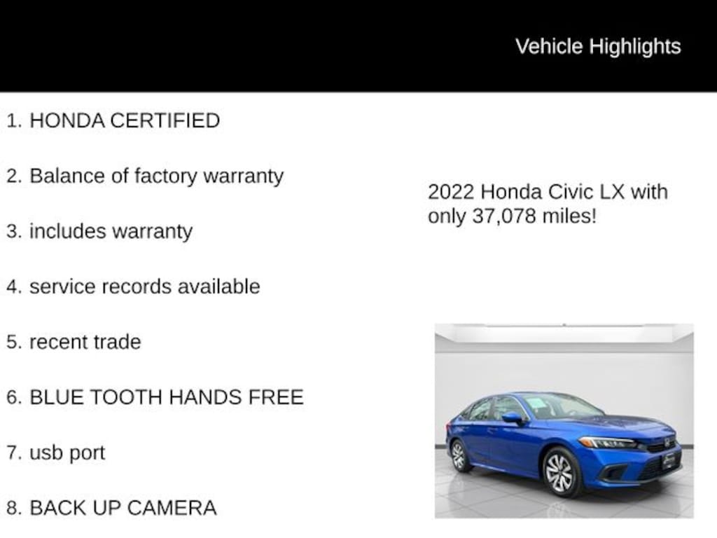 Certified 2022 Honda Civic LX Sedan