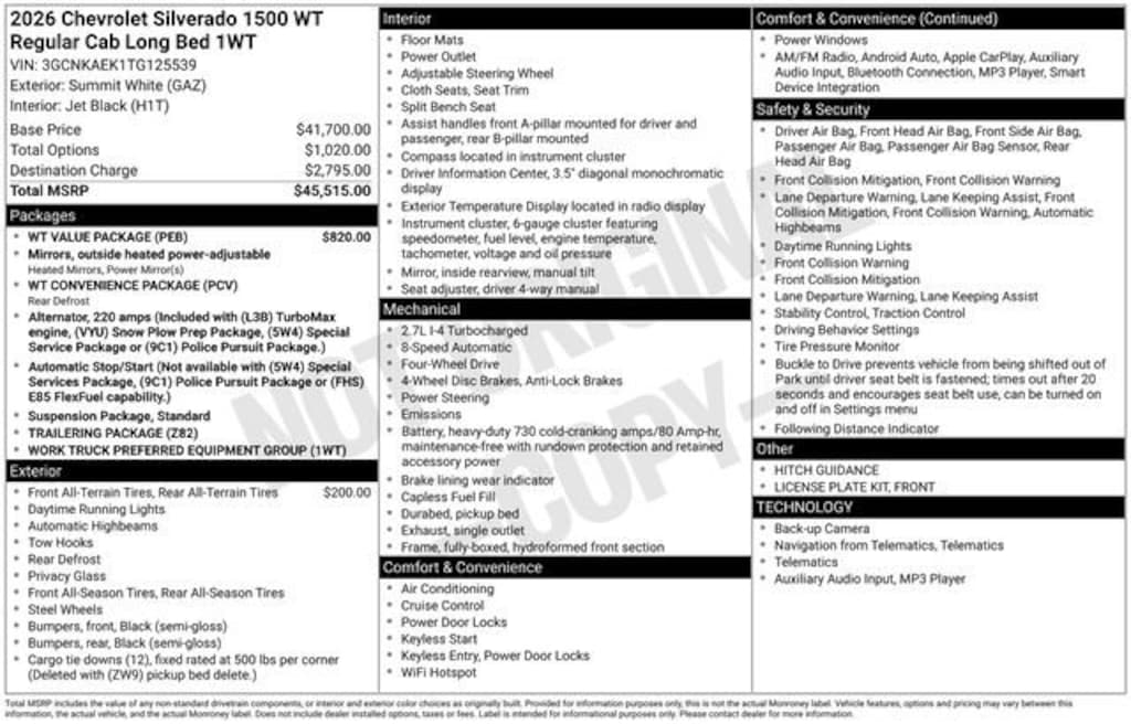 New 2026 Chevrolet Silverado 1500 WT Truck Regular Cab