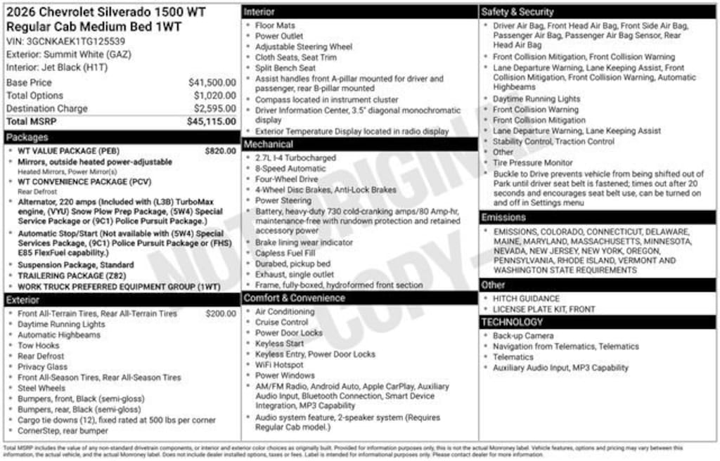 New 2026 Chevrolet Silverado 1500 WT Truck Regular Cab