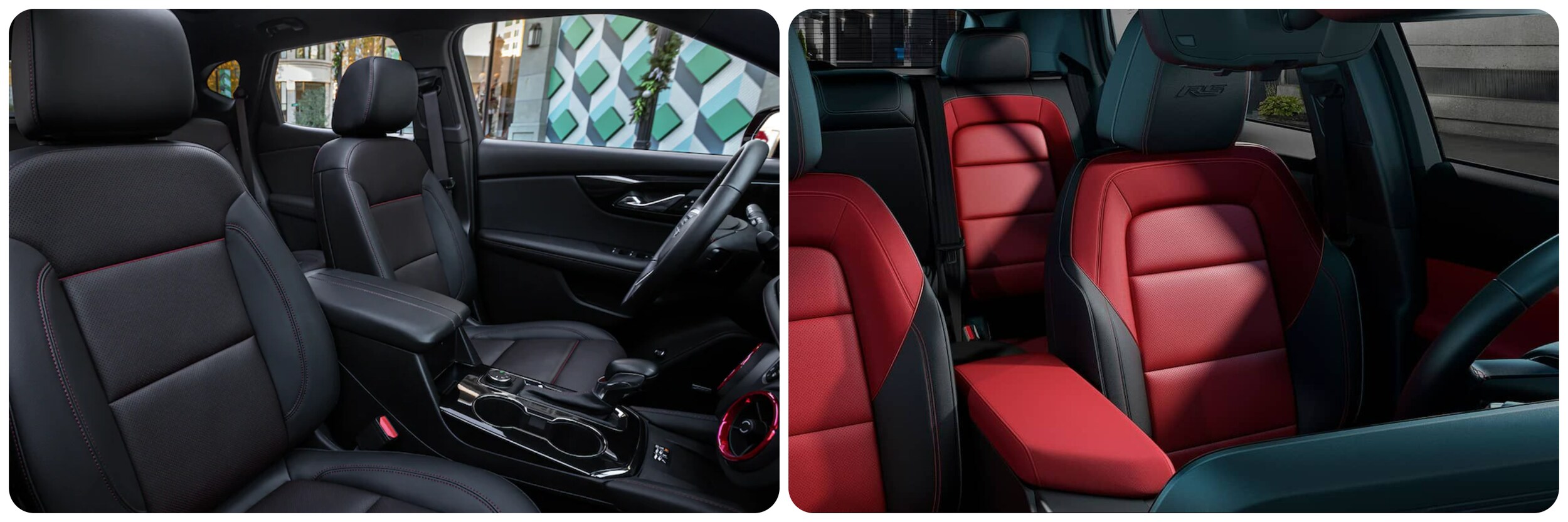 On the left a view of the seating and interior of a 2023 Chevy Blazer, on the right a view of the interior and seating of a 2023 Chevy Equinox