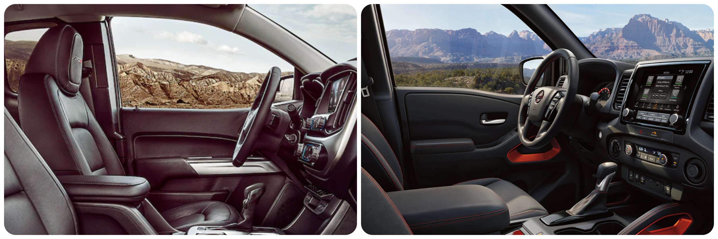 On the left a view of the dash, interior, and infotainment system of a 2023 Chevy Colorado, on the right a view of the interior, dash, and infotainment system of a 2023 Nissan Frontier