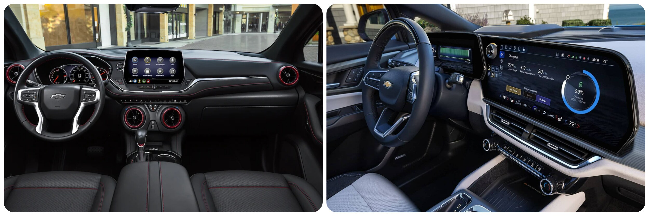 On the left the dash and infotainment system of a 2023 Chevy Blazer, on the right a view of the dash and infotainment system of a 2023 Chevy Equinox