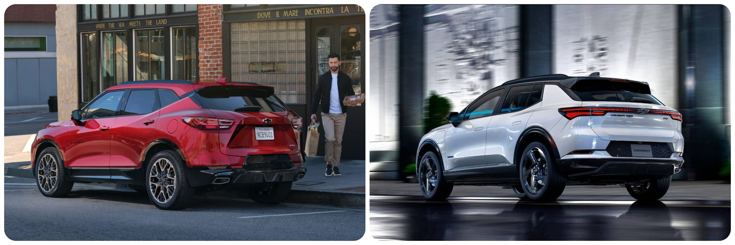 On the left a view of the back of a red 2023 Chevy Blazer, on the right a view of the back of a white 2023 Chevy Equinox