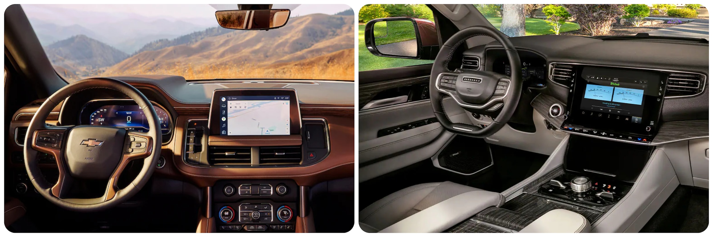 A view of the dash and infotainment systems of the 2023 Chevy Tahoe on the left and the 2023 Jeep Wagoneer on the right