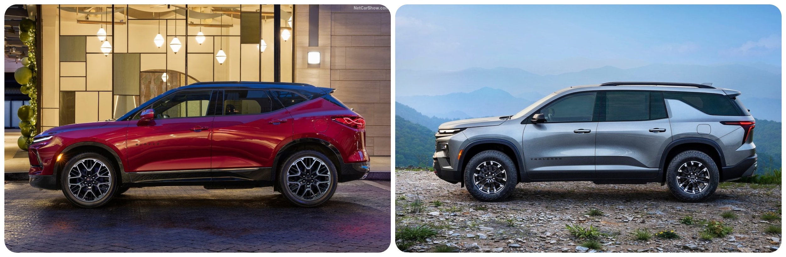 The 2023 Chevy Blazer pictured next to the Traverse