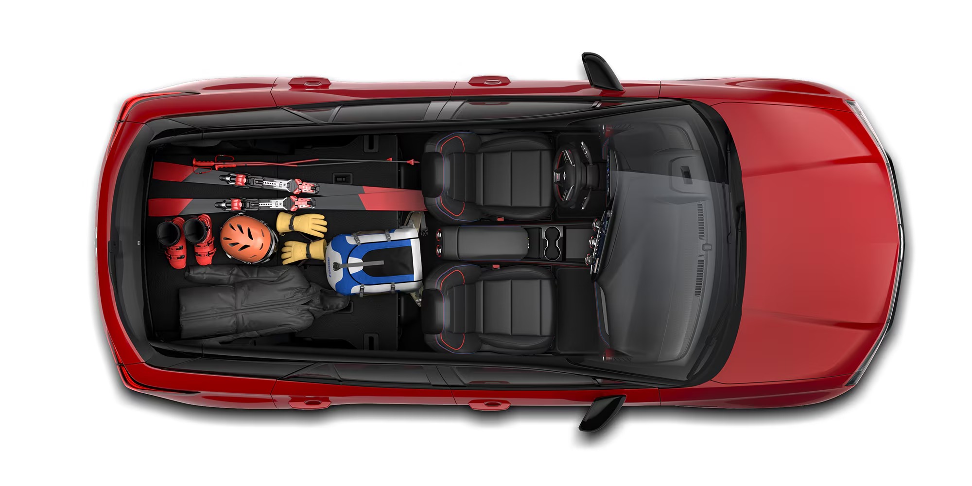 Overhead cutaway of a red Chevy Blazer EV with skis, helmets, and gear loaded in the cargo area