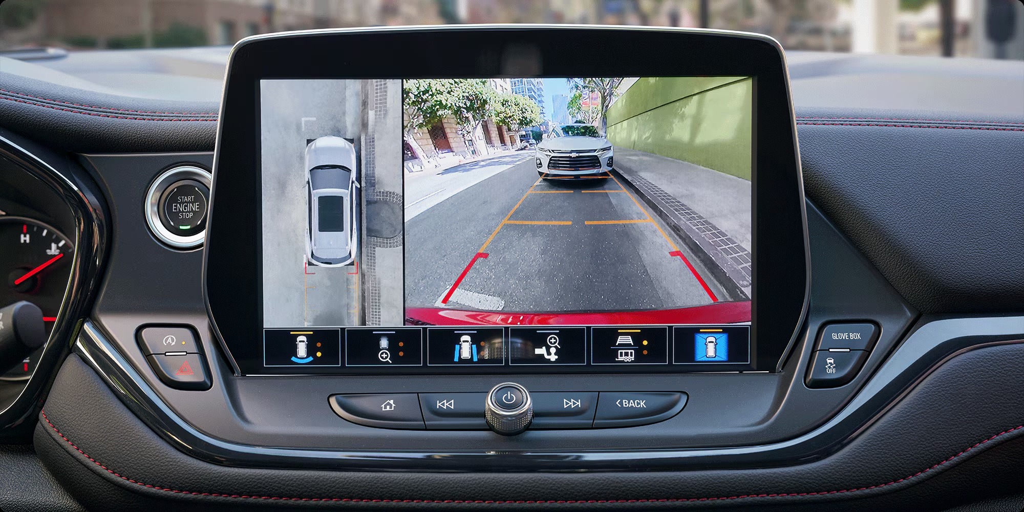 Chevy Blazer 10.2-inch touchscreen showing the rear camera and surround view