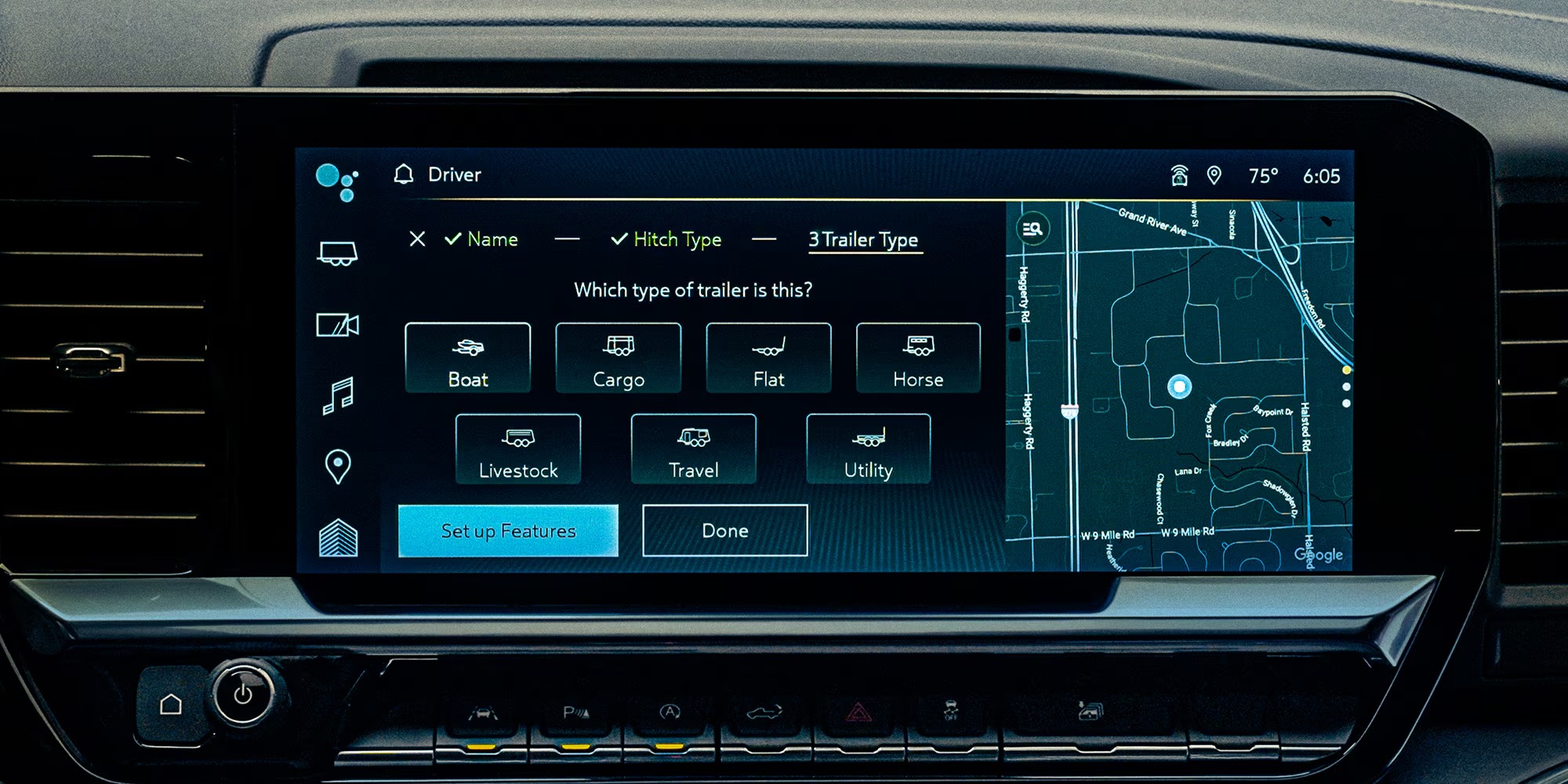 Chevy Silverado HD 13.4-inch touchscreen showing the in-vehicle Trailering App trailer setup