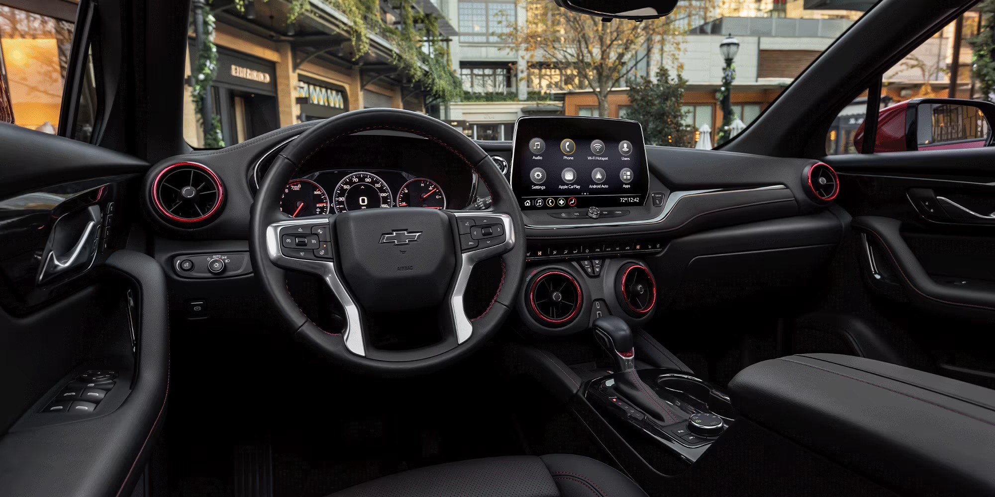 Chevy Blazer RS interior with black seats and red-accented air vents