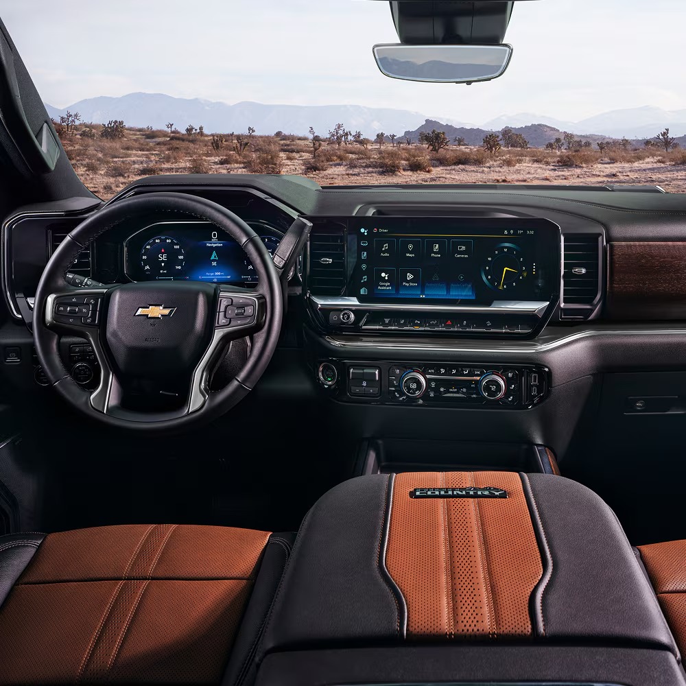 Chevy Silverado HD High Country interior with 13.4-inch touchscreen and leather seats