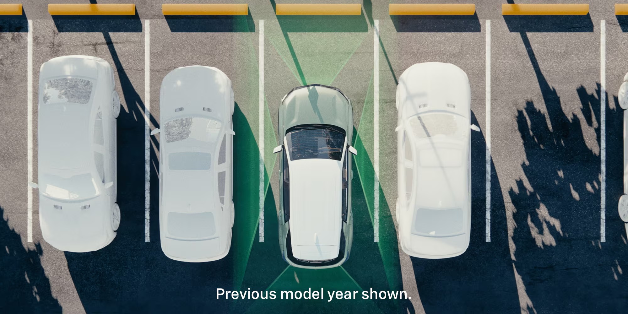 Overhead view of a Chevy Equinox parking between cars with parking assist sensors shown