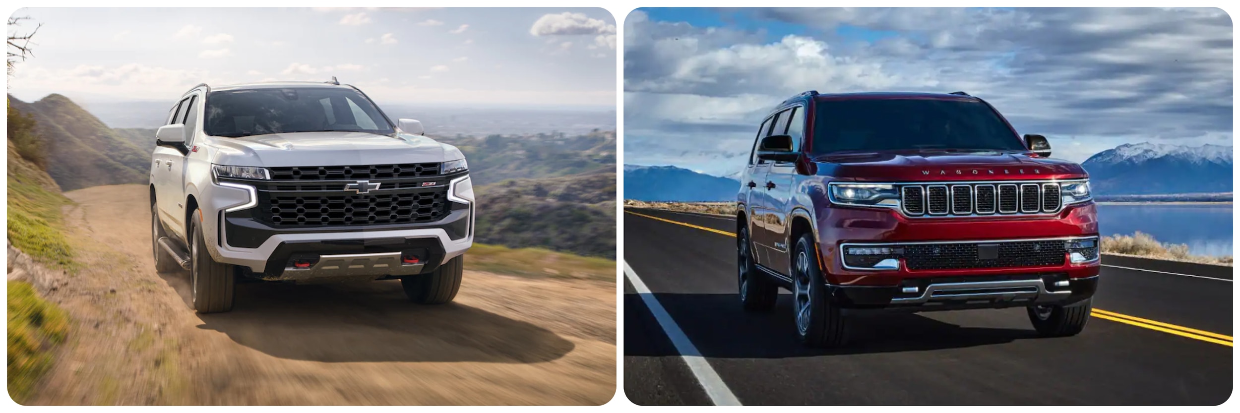 A white 2023 Chevy Tahoe on the left and a red 2023 Jeep Wagoneer on the right