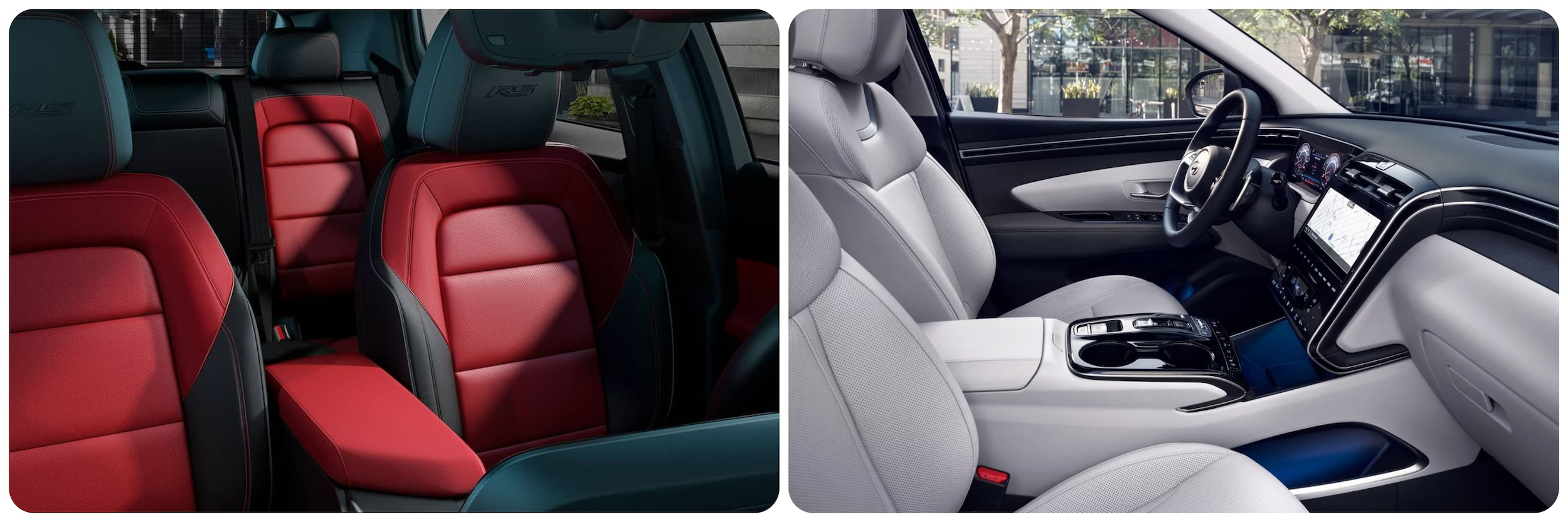 On the left a view of the interior of a 2023 Chevy Equinox and on the right a view of the interior of a 2023 Hyundai Tucson