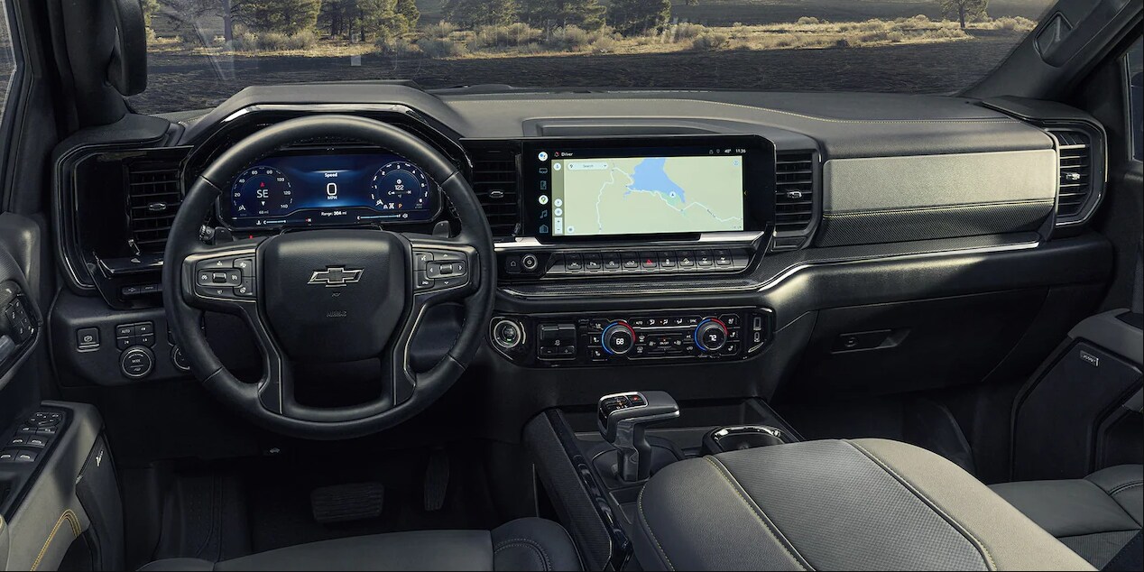 A view of the dash and infotainment system of a 2023 Chevy Silverado