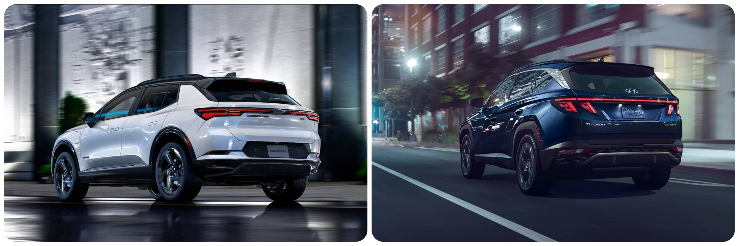 On the left a view of the back of a 2023 Chevy Equinox and on the right a view of the back of a 2023 Hyundai Tucson