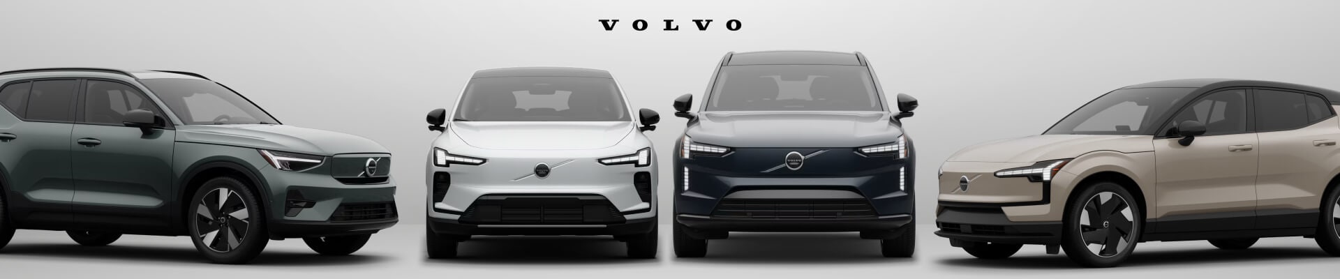 Studio shot of Volvo electric lineup on a white background.