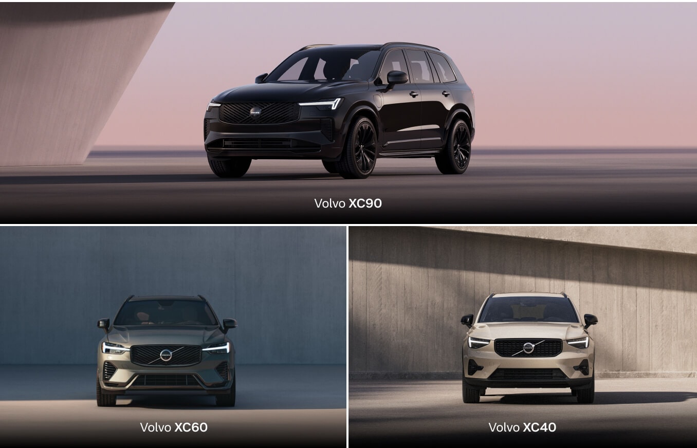 Three-panel view of black, green, and beige Volvo XC90, XC60, and XC40 SUVs in studio settings.