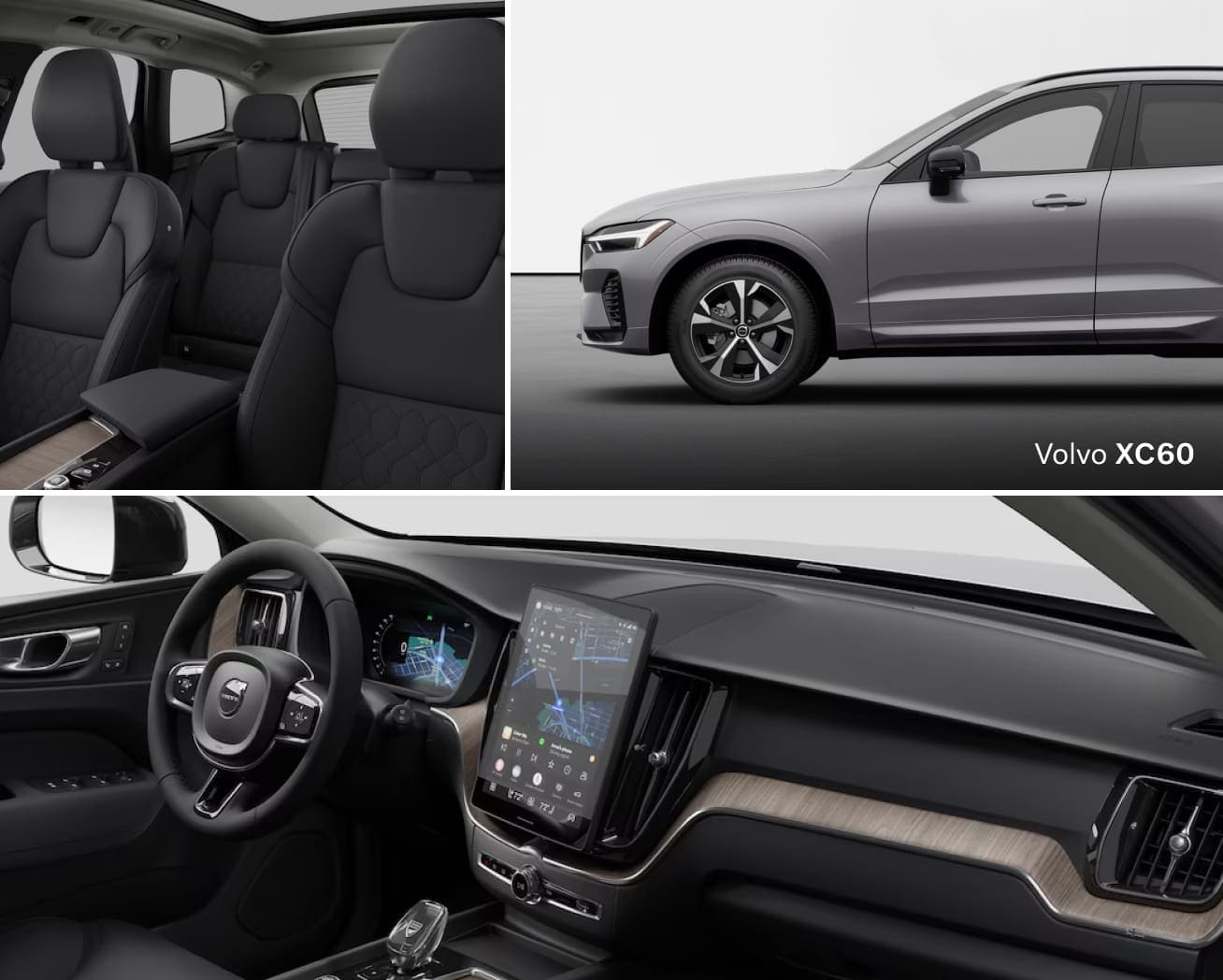 Collage of a Volvo XC60 SUV: sleek exterior in gray, luxurious Charcoal Nordico interior, and modern dashboard featuring a touchscreen display.