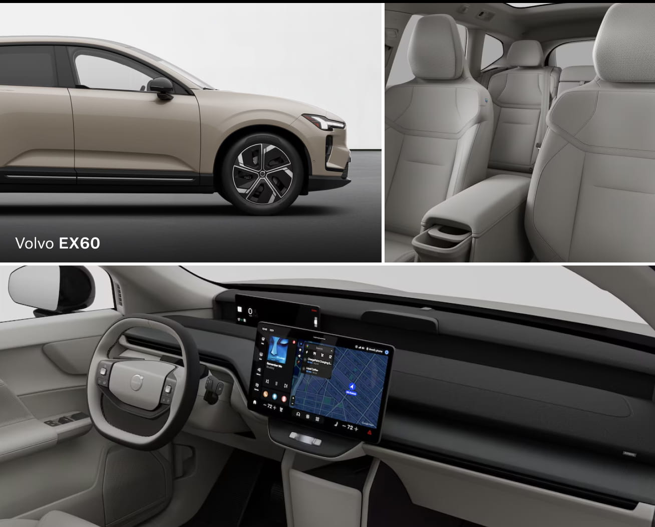 Side view of a beige Volvo EX60 SUV, showing modern design and sleek wheels. Interior images reveal spacious light-colored seats and a digital dashboard with a large touchscreen.