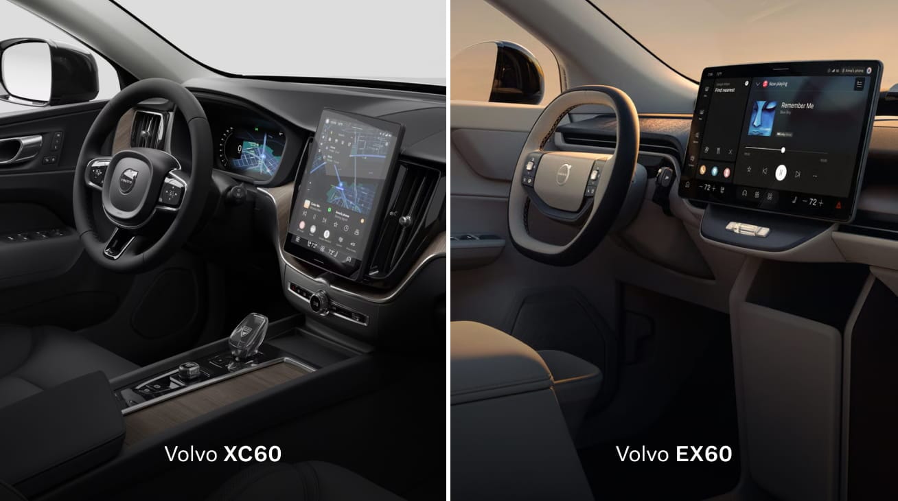 Split image of Volvo interiors: Left shows 2026 XC60's sleek, tech-focused dashboard with angled touchscreen. Right displays 2026 EX60's modern, minimalist design.