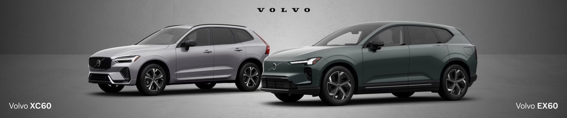 Two Volvo SUVs, the 2026 XC60 Core in Aurora Silver and the 2026 EX60 Plus in Forest Lake, are showcased in a sleek showroom. The Volvo logo appears above them, emphasizing modern design.
