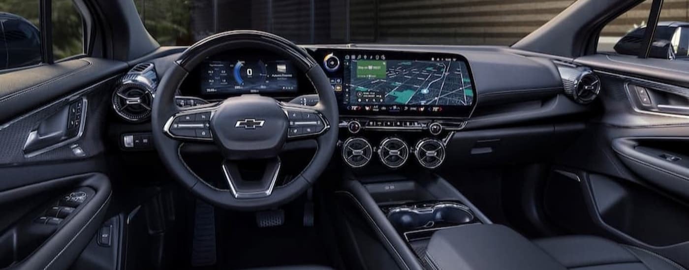 The black interior and dash in a 2024 Chevy Blazer EV is shown.