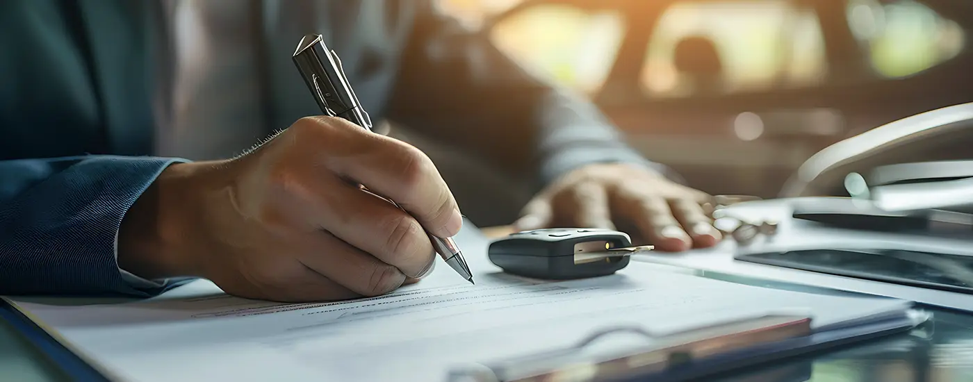 Car keys resting on lease paperwork as a customer signs their new Chevrolet lease agreement at Dave Gill Chevrolet