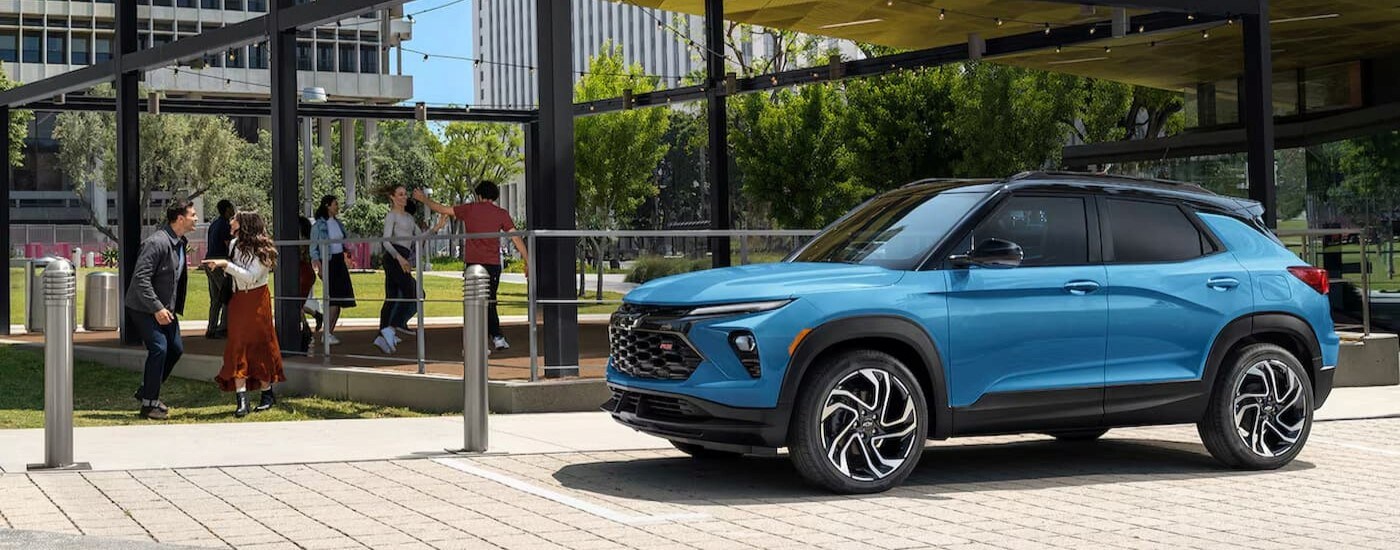 A blue 2024 Chevy Trailblazer RS is shown parked after viewing a Chevy Trailblazer for sale.