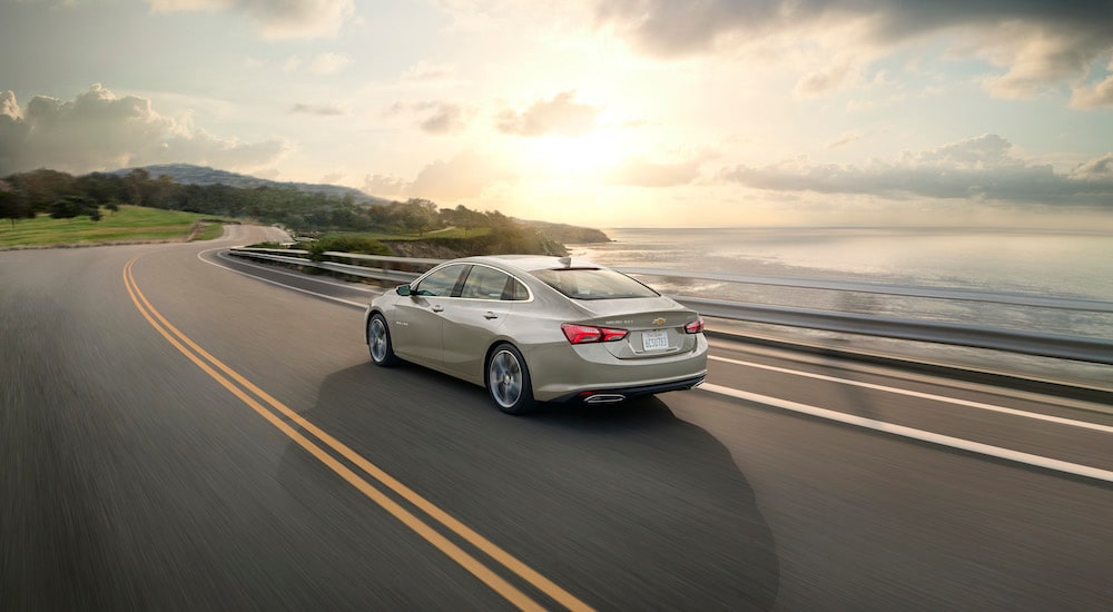 A tan 2024 Chevy Malibu 2LT is shown from the rear at an angle.