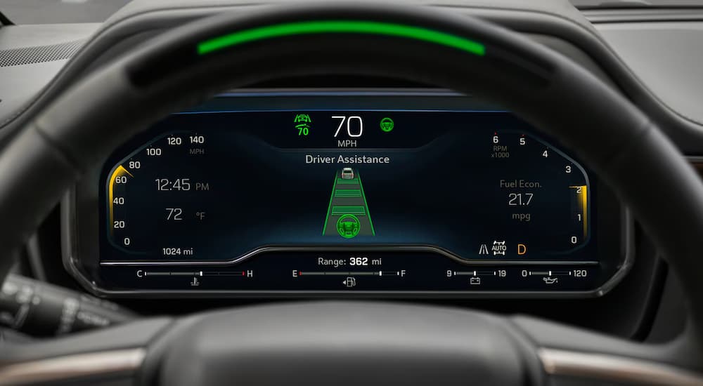 A close up of the digital cluster on a 2024 Chevy Tahoe shows the Super Cruise feature.