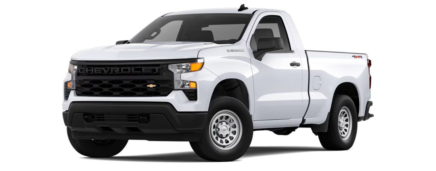 A white 2025 Chevy Silverado 1500 WT is angled left.