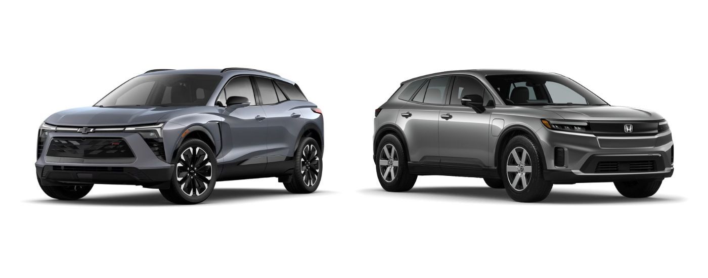 A blue 2024 Chevy Blazer EV RS is angled left and a silver 2024 Honda Prologue is angled right.