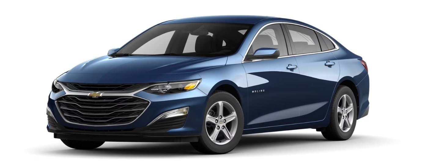 A blue 2025 Chevy Malibu is angled left.