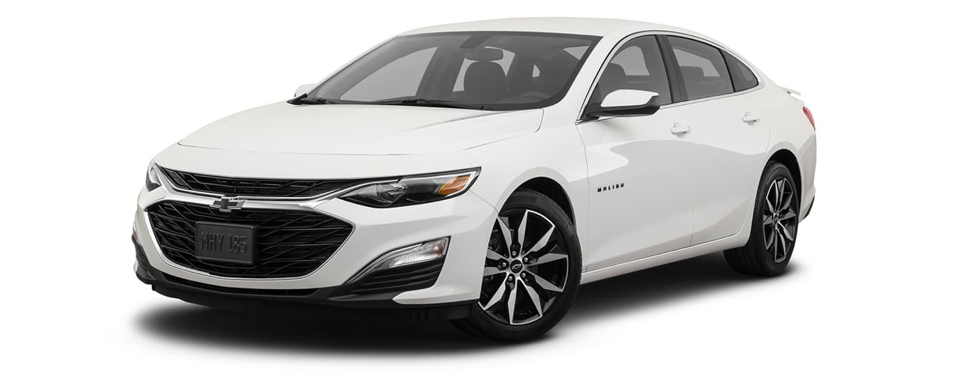 A white 2023 Chevy Malibu RS is angled left.