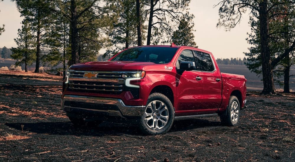 A red 2023 Chevy Silverado 1500 Z71 for sale is shown parked in an open area.