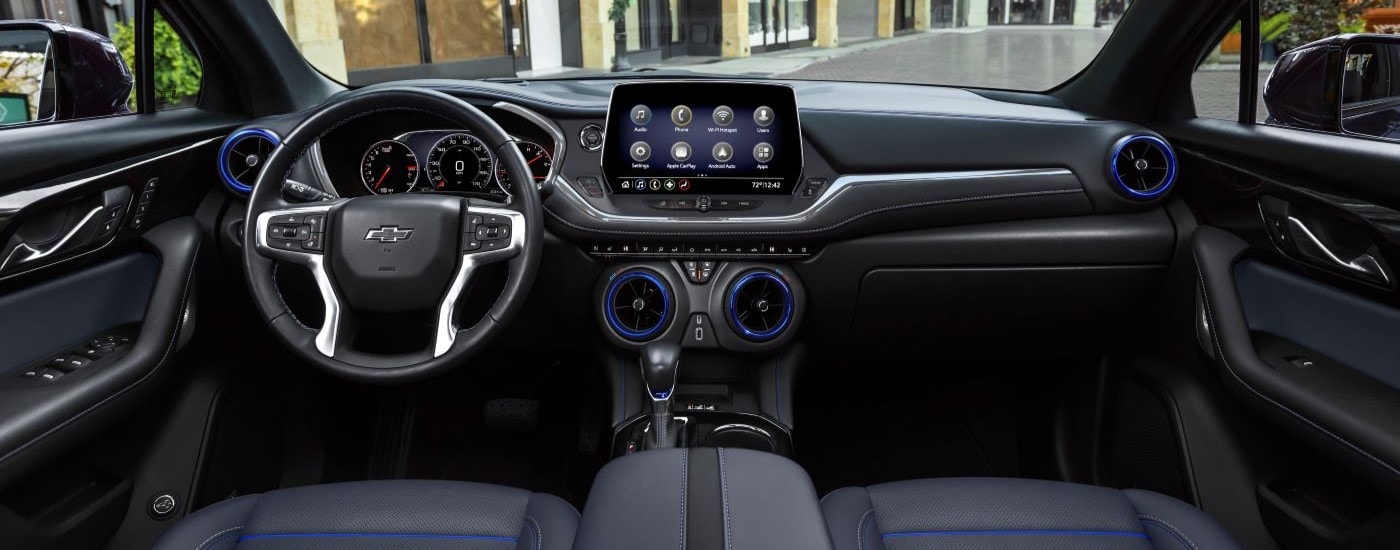 The black dash and infotainment screen in 2024 Chevy Blazer.