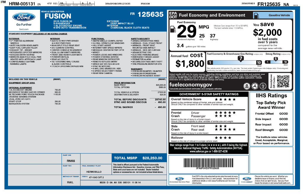 Used 2015 Ford Fusion SE Sedan