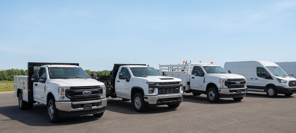 White Ford and Chevrolet work trucks and vans parked in a row