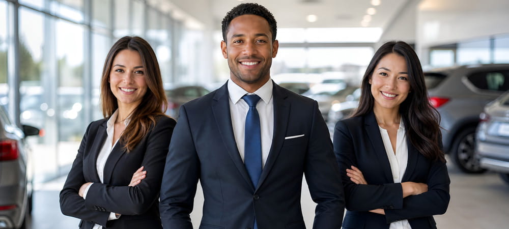 Three smiling automotive professionals in a dealership showroom