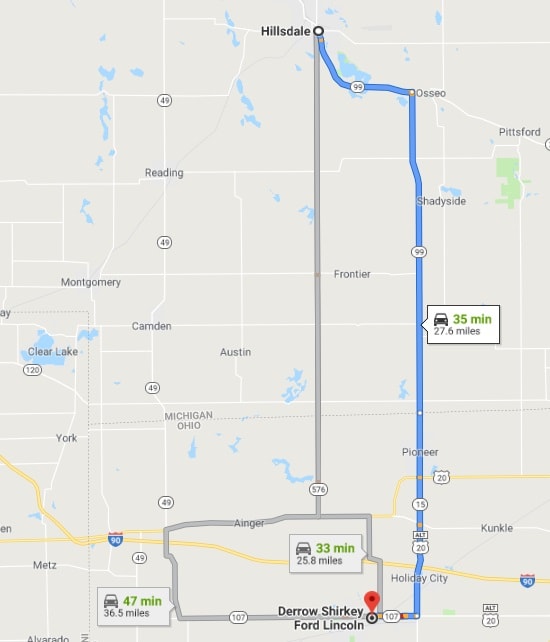 map of Hillsdale to Derrow Shirkey